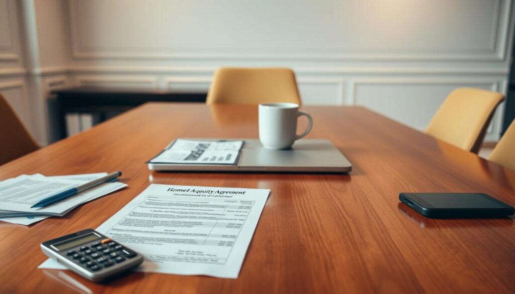 A comparison of home equity agreements and traditional loans, displayed on a polished wooden table. In the foreground, financial documents and calculators illustrate the key differences, with a warm, soft lighting highlighting the details. In the middle ground, a laptop and coffee mug suggest a professional, analytical setting. The background features a stylish, minimalist office backdrop, with clean lines and neutral tones, creating a sense of sophistication and financial expertise. A comparison of home equity agreements and traditional loans, displayed on a polished wooden table. In the foreground, financial documents and calculators illustrate the key differences, with a warm, soft lighting highlighting the details. In the middle ground, a laptop and coffee mug suggest a professional, analytical setting. The background features a stylish, minimalist office backdrop, with clean lines and neutral tones, creating a sense of sophistication and financial expertise.