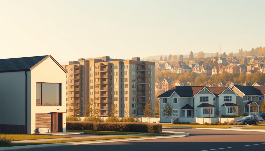 A contemporary architectural illustration depicting various types of property ownership structures. In the foreground, a modern townhouse with a sleek, minimalist facade represents private ownership. In the middle ground, several mid-rise apartment buildings symbolize condominium or cooperative ownership. In the distant background, a row of detached single-family homes conveys the concept of individual property ownership. The scene is illuminated by warm, diffused natural lighting, casting long shadows and creating a sense of depth and dimensionality. The overall composition serves to visually communicate the diverse range of equity sharing and property ownership models. A contemporary architectural illustration depicting various types of property ownership structures. In the foreground, a modern townhouse with a sleek, minimalist facade represents private ownership. In the middle ground, several mid-rise apartment buildings symbolize condominium or cooperative ownership. In the distant background, a row of detached single-family homes conveys the concept of individual property ownership. The scene is illuminated by warm, diffused natural lighting, casting long shadows and creating a sense of depth and dimensionality. The overall composition serves to visually communicate the diverse range of equity sharing and property ownership models.