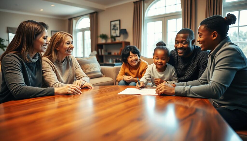 A cozy family living room, bathed in warm, soft lighting. In the foreground, a diverse group of individuals - a young couple, a senior citizen, and a single parent with their child - are gathered around a polished wooden table, discussing and signing a home equity agreement. Their expressions convey a sense of understanding and empowerment. The middle ground features plush, comfortable furniture, complemented by tasteful decor that creates an inviting, familial atmosphere. In the background, large windows allow natural light to filter in, conveying a sense of openness and tranquility. The overall scene evokes a feeling of security, collaboration, and the promise of a brighter financial future for the beneficiaries of the home equity agreement. A cozy family living room, bathed in warm, soft lighting. In the foreground, a diverse group of individuals - a young couple, a senior citizen, and a single parent with their child - are gathered around a polished wooden table, discussing and signing a home equity agreement. Their expressions convey a sense of understanding and empowerment. The middle ground features plush, comfortable furniture, complemented by tasteful decor that creates an inviting, familial atmosphere. In the background, large windows allow natural light to filter in, conveying a sense of openness and tranquility. The overall scene evokes a feeling of security, collaboration, and the promise of a brighter financial future for the beneficiaries of the home equity agreement.