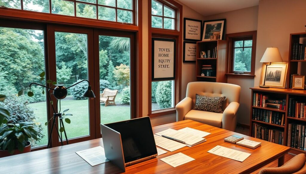 A cozy home interior with a large window overlooking a lush garden. Warm lighting casts a soft glow, illuminating a wooden desk where financial documents and a laptop sit neatly organized. On the wall, framed inspirational quotes and stock charts hint at the homeowner's successful home equity investment strategies. A comfortable armchair invites contemplation, while a bookshelf displays literature on personal finance and real estate. The mood is one of tranquility, productivity, and financial empowerment. A cozy home interior with a large window overlooking a lush garden. Warm lighting casts a soft glow, illuminating a wooden desk where financial documents and a laptop sit neatly organized. On the wall, framed inspirational quotes and stock charts hint at the homeowner's successful home equity investment strategies. A comfortable armchair invites contemplation, while a bookshelf displays literature on personal finance and real estate. The mood is one of tranquility, productivity, and financial empowerment.