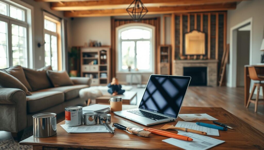 A cozy home interior with a living room or den in the foreground, featuring a comfortable sofa and armchair arrangement. In the middle ground, a laptop or tablet is placed on a wooden coffee table, surrounded by home renovation tools and materials like paint cans, brushes, and flooring samples. The background showcases a partially renovated space, with exposed walls or unfinished drywork, hinting at the ongoing home improvement project. Warm, natural lighting filters in through large windows, creating a welcoming atmosphere. Subtle financial documents or paperwork related to a home equity loan are visible, suggesting the financial aspect of the renovations. An overall sense of progress, planning, and potential transformation permeates the scene. A cozy home interior with a living room or den in the foreground, featuring a comfortable sofa and armchair arrangement. In the middle ground, a laptop or tablet is placed on a wooden coffee table, surrounded by home renovation tools and materials like paint cans, brushes, and flooring samples. The background showcases a partially renovated space, with exposed walls or unfinished drywork, hinting at the ongoing home improvement project. Warm, natural lighting filters in through large windows, creating a welcoming atmosphere. Subtle financial documents or paperwork related to a home equity loan are visible, suggesting the financial aspect of the renovations. An overall sense of progress, planning, and potential transformation permeates the scene.