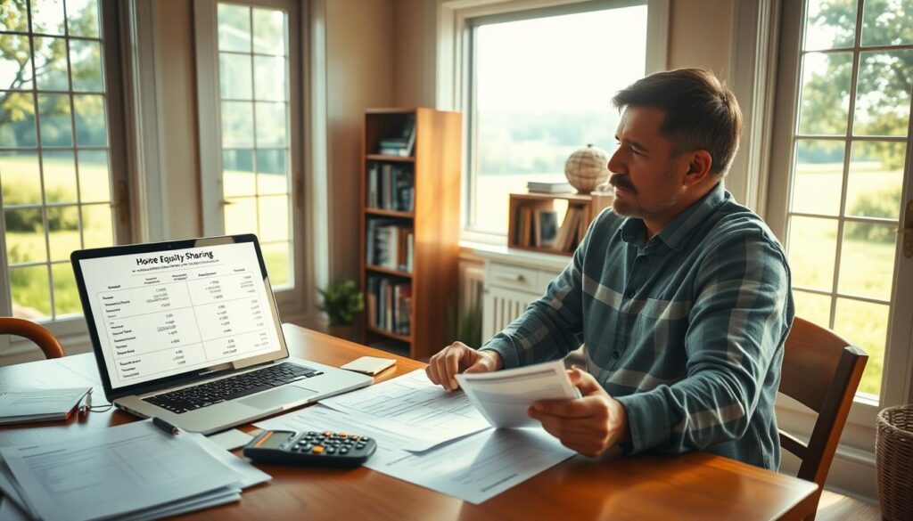 A cozy home interior with sunlight streaming through large windows, showcasing various financial documents, calculators, and a laptop displaying a detailed breakdown of home equity sharing costs. In the foreground, a thoughtful homeowner sits at a wooden desk, carefully reviewing paperwork. The middle ground features a bookshelf filled with reference materials, while the background depicts a serene, verdant landscape outside, conveying a sense of tranquility and contemplation. The lighting is soft and warm, creating a welcoming atmosphere as the homeowner navigates the complexities of home equity sharing. The overall composition reflects the careful consideration and attention to detail required when exploring this financial option.