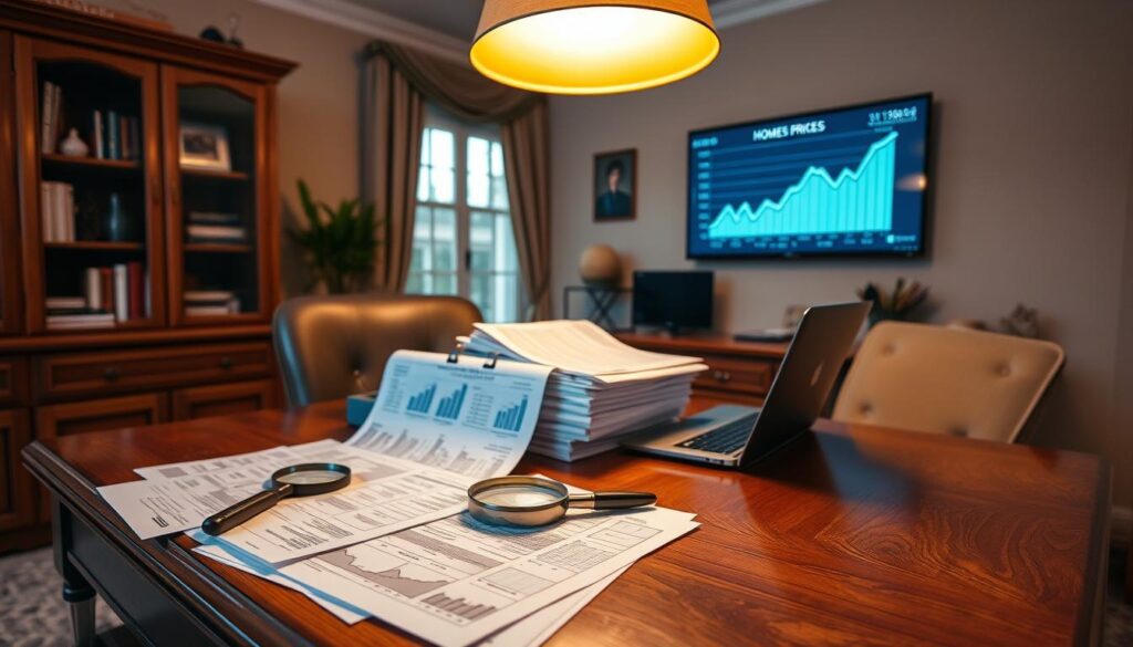 A cozy home office with a polished oak desk, illuminated by a warm overhead lamp. On the desk, a laptop, a magnifying glass, and stacks of documents detailing property assessments and real estate valuations. In the background, a wall-mounted display shows a graph charting the trajectory of local home prices. The scene exudes an air of professionalism and expertise, reflecting the detailed analysis required to accurately assess a home's worth. A cozy home office with a polished oak desk, illuminated by a warm overhead lamp. On the desk, a laptop, a magnifying glass, and stacks of documents detailing property assessments and real estate valuations. In the background, a wall-mounted display shows a graph charting the trajectory of local home prices. The scene exudes an air of professionalism and expertise, reflecting the detailed analysis required to accurately assess a home's worth.