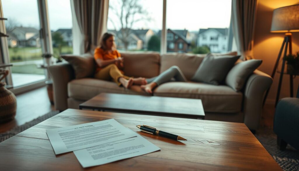 A cozy living room with a warm, inviting atmosphere. In the foreground, a wooden coffee table displaying documents and a pen, symbolizing the home equity sharing process. In the middle ground, two people sitting on a plush sofa, engaged in a discussion, their body language conveying an understanding of the agreement. The background features a large window overlooking a picturesque suburban neighborhood, with soft, natural lighting filtering through. The overall scene evokes a sense of trust, collaboration, and the exploration of alternative financing options for homeownership. A cozy living room with a warm, inviting atmosphere. In the foreground, a wooden coffee table displaying documents and a pen, symbolizing the home equity sharing process. In the middle ground, two people sitting on a plush sofa, engaged in a discussion, their body language conveying an understanding of the agreement. The background features a large window overlooking a picturesque suburban neighborhood, with soft, natural lighting filtering through. The overall scene evokes a sense of trust, collaboration, and the exploration of alternative financing options for homeownership.