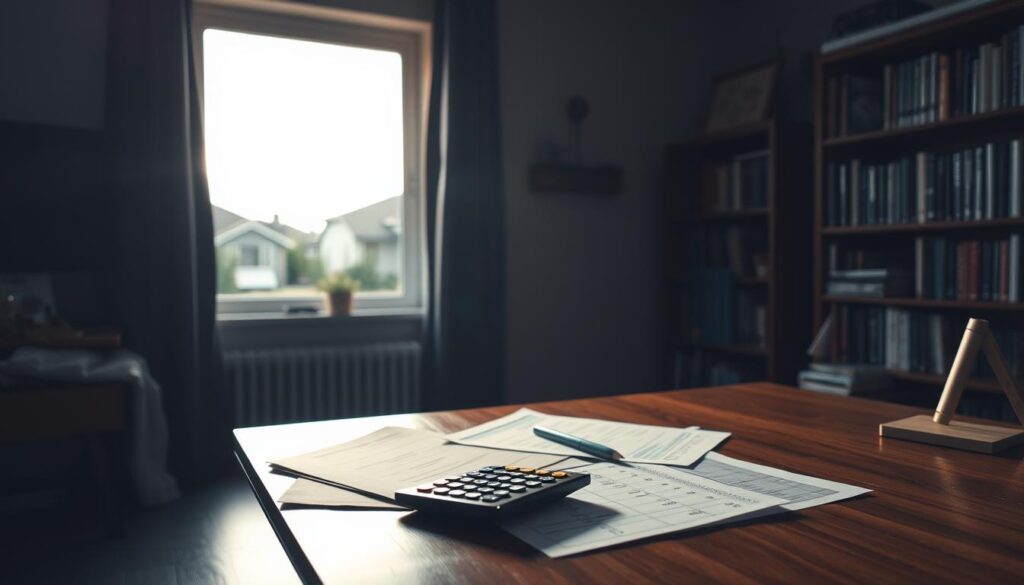A dimly lit office interior, with a wooden desk in the foreground. On the desk, various financial documents and a calculator symbolize the complex calculations involved in home equity loan repayment options. The middle ground features a window overlooking a suburban neighborhood, casting a warm, golden glow throughout the scene. In the background, a bookshelf filled with financial books and resources speaks to the research and planning required for these types of loans. The overall atmosphere conveys a sense of contemplation and the weight of financial decisions.