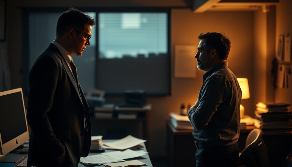 A dimly lit office setting, with a desktop computer and scattered documents on a cluttered workspace. In the foreground, two businesspeople, one in a suit and the other in casual attire, engage in a tense discussion, their body language suggesting unease and apprehension. The background is blurred, emphasizing the focus on the individuals and the intensity of their interaction. Soft, warm lighting casts shadows, creating a sense of unease and caution. The overall atmosphere conveys the risks and potential downsides of equity sharing arrangements, reflecting the apprehension and wariness of the parties involved. A dimly lit office setting, with a desktop computer and scattered documents on a cluttered workspace. In the foreground, two businesspeople, one in a suit and the other in casual attire, engage in a tense discussion, their body language suggesting unease and apprehension. The background is blurred, emphasizing the focus on the individuals and the intensity of their interaction. Soft, warm lighting casts shadows, creating a sense of unease and caution. The overall atmosphere conveys the risks and potential downsides of equity sharing arrangements, reflecting the apprehension and wariness of the parties involved.