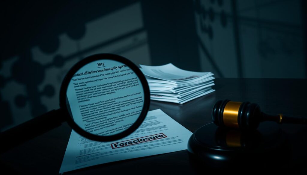 A dimly lit room, shadows cast across the walls, a foreboding atmosphere. In the foreground, a magnifying glass hovers over a financial document, highlighting the fine print - the hidden risks of a home equity agreement. The middle ground features a stack of documents, each bearing the ominous stamp "Foreclosure". In the background, a gavel rests on a wooden desk, a symbol of the potential legal consequences. The lighting is harsh, creating a sense of unease and uncertainty. The camera angle is slightly low, emphasizing the weight and gravity of the situation. This image conveys the potential pitfalls of equity sharing, a cautionary tale for homeowners.