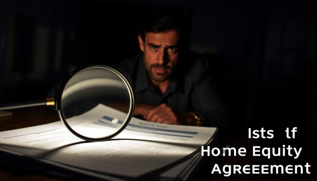A dimly lit room, shadows cast across the walls, depicts the risks of a home equity agreement. In the foreground, a magnifying glass hovers over a stack of legal documents, casting an ominous glow. The middle ground features a concerned homeowner, brow furrowed, as they contemplate the implications of the agreement. The background is a blurred, unsettling landscape, hinting at the potential financial pitfalls that could await. Moody lighting, a shallow depth of field, and a sense of unease permeate the scene, emphasizing the importance of carefully considering the risks before entering into a home equity agreement.