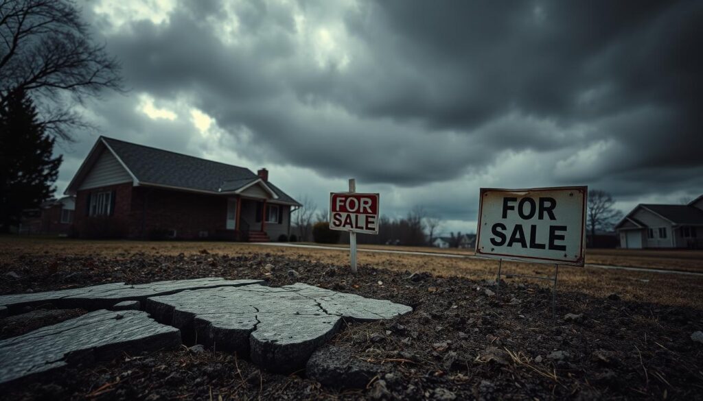 A foreboding landscape of a suburban home, partially obscured by ominous shadows, symbolizing the potential risks and uncertainties of home equity sharing models. In the foreground, a cracked and weathered foundation, hinting at the fragility of the home's financial structure. The middle ground features a tattered "For Sale" sign, a haunting reminder of the precarious nature of home ownership. In the distance, an eerily overcast sky casts a gloomy, foreboding atmosphere, conveying the sense of looming danger and the need for cautious consideration of the legal aspects of these models. Captured with a wide-angle lens, the scene evokes a sense of unease and the importance of understanding the potential drawbacks and risks associated with home equity sharing.