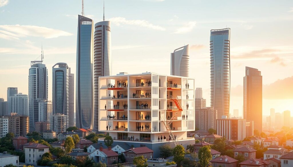 A futuristic city skyline with innovative property ownership models showcased in the foreground. In the center, a transparent, modular housing structure represents shared equity agreements, with residents occupying individual units. Surrounding this, a network of interconnected dwellings illustrates cooperative living models. In the background, towering skyscrapers with unique architectural designs hint at flexible, adaptable real estate solutions. The scene is bathed in a warm, optimistic glow, conveying a sense of progress and community-driven innovation in the housing sector. A futuristic city skyline with innovative property ownership models showcased in the foreground. In the center, a transparent, modular housing structure represents shared equity agreements, with residents occupying individual units. Surrounding this, a network of interconnected dwellings illustrates cooperative living models. In the background, towering skyscrapers with unique architectural designs hint at flexible, adaptable real estate solutions. The scene is bathed in a warm, optimistic glow, conveying a sense of progress and community-driven innovation in the housing sector.