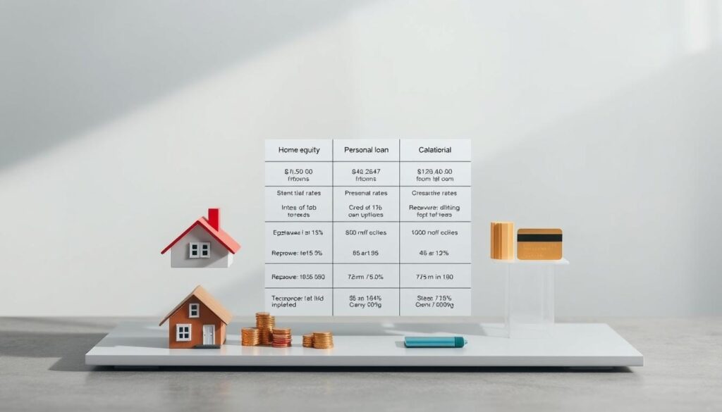 A meticulously crafted comparison of equity investment options, displayed on a sleek, modern table against a minimalist gray background. The foreground features a range of financial instruments, including a home equity loan, a personal loan, and a credit card, each visually distinct and carefully arranged. The middle ground highlights key financial metrics, such as interest rates, repayment terms, and collateral requirements, presented in a clean, infographic-style layout. The background subtly suggests the themes of financial planning and decision-making, with soft lighting and a sense of depth and perspective. The overall composition exudes a professional, analytical atmosphere, inviting the viewer to engage with the intricacies of equity investment options. A meticulously crafted comparison of equity investment options, displayed on a sleek, modern table against a minimalist gray background. The foreground features a range of financial instruments, including a home equity loan, a personal loan, and a credit card, each visually distinct and carefully arranged. The middle ground highlights key financial metrics, such as interest rates, repayment terms, and collateral requirements, presented in a clean, infographic-style layout. The background subtly suggests the themes of financial planning and decision-making, with soft lighting and a sense of depth and perspective. The overall composition exudes a professional, analytical atmosphere, inviting the viewer to engage with the intricacies of equity investment options.
