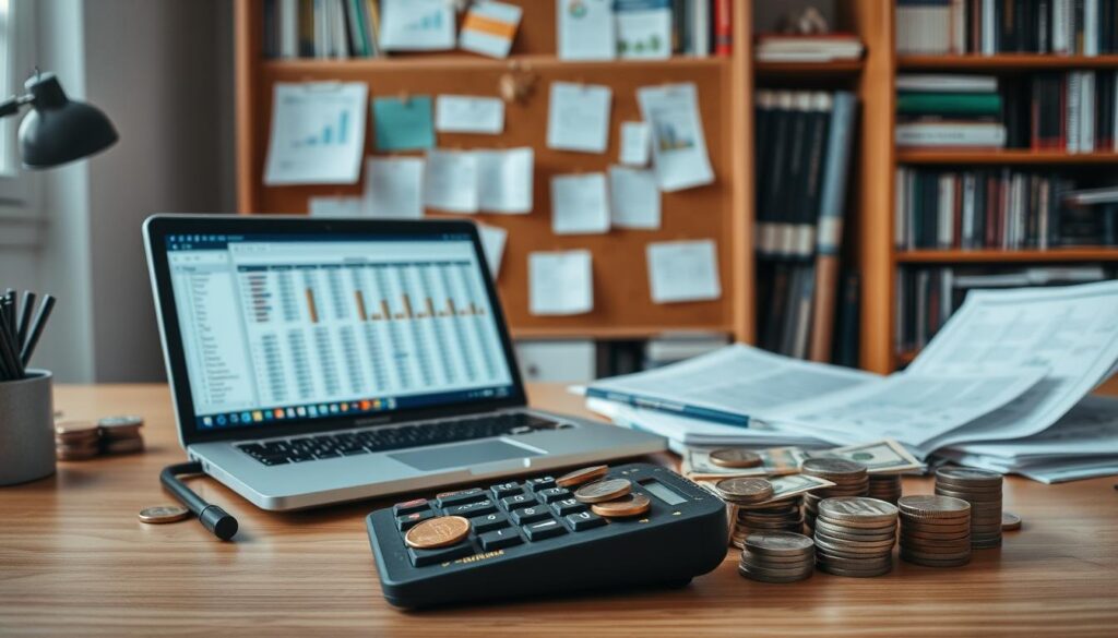 A meticulously organized desk with a calculator, coins, bills, and a laptop showcasing a detailed spreadsheet. Behind it, a cork board with neatly pinned financial documents and charts. The lighting is soft and focused, creating a sense of concentration and productivity. In the background, a bookshelf filled with personal finance books adds an air of expertise and authority. The overall atmosphere is one of diligence, attention to detail, and a commitment to sound money management practices.