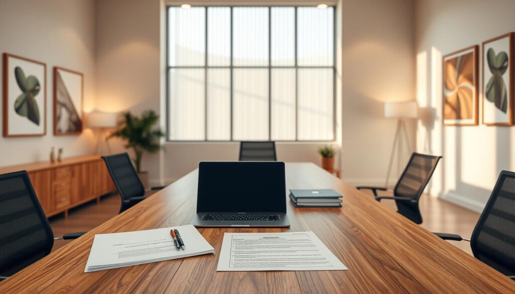 A modern, clean-lined office interior with an expansive wooden desk and ergonomic chairs. On the desk, a laptop, a stack of documents, and a pen poised over a loan consolidation application form. Warm, diffused lighting filters through large windows, casting a soft glow on the scene. The walls are adorned with minimalist artwork, exuding a professional yet inviting atmosphere. A sense of focus and efficiency permeates the space, reflecting the diligent process of securing a home equity loan or HELOC to consolidate debt. A modern, clean-lined office interior with an expansive wooden desk and ergonomic chairs. On the desk, a laptop, a stack of documents, and a pen poised over a loan consolidation application form. Warm, diffused lighting filters through large windows, casting a soft glow on the scene. The walls are adorned with minimalist artwork, exuding a professional yet inviting atmosphere. A sense of focus and efficiency permeates the space, reflecting the diligent process of securing a home equity loan or HELOC to consolidate debt.