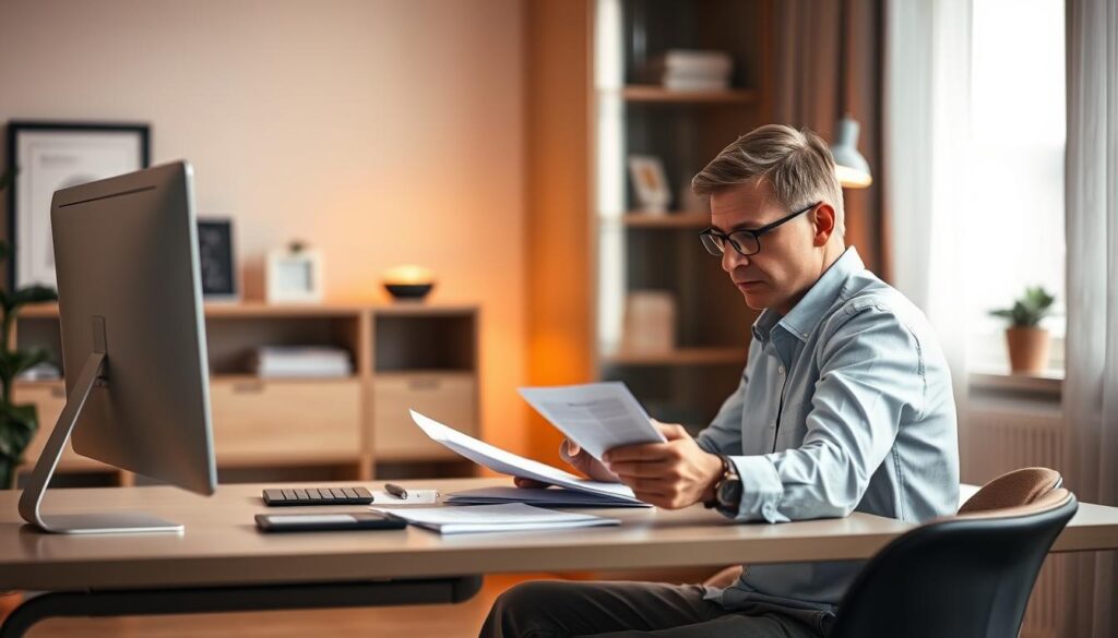 A modern home office with a focused professional sitting at a sleek, minimal desk, meticulously reviewing financial documents and documents. Warm, directional lighting illuminates the scene, casting a cozy glow. The background is blurred, drawing the viewer's attention to the person's thoughtful expression as they navigate the process of finding the right lender to unlock their home's equity and reach their financial goals. A modern home office with a focused professional sitting at a sleek, minimal desk, meticulously reviewing financial documents and documents. Warm, directional lighting illuminates the scene, casting a cozy glow. The background is blurred, drawing the viewer's attention to the person's thoughtful expression as they navigate the process of finding the right lender to unlock their home's equity and reach their financial goals.