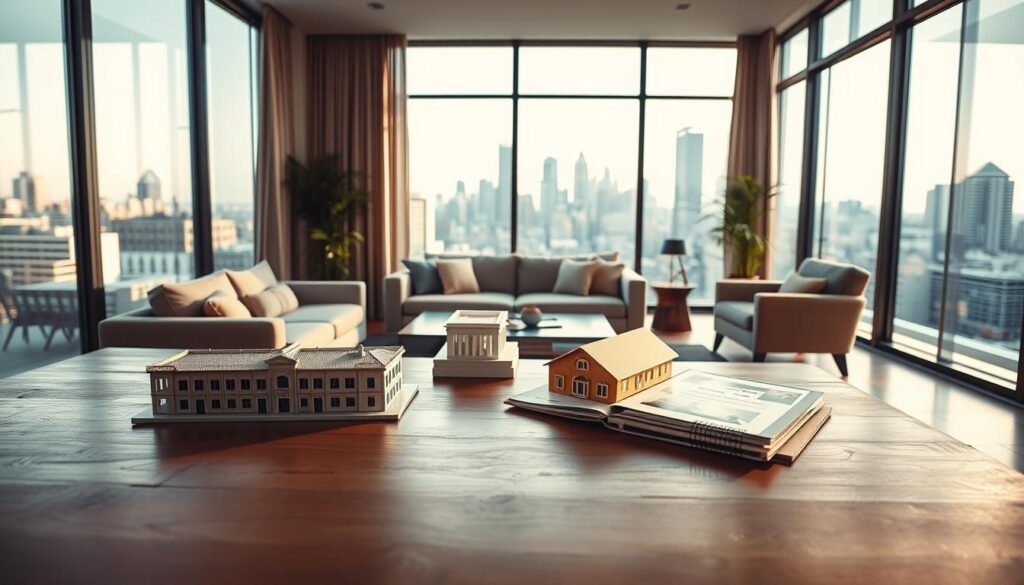 A modern living room with large windows and abundant natural light. A wooden table in the foreground is adorned with architectural models, investment portfolios, and a laptop. In the middle ground, a couch and armchair provide comfortable seating, while the background showcases a cityscape view through the windows, hinting at the potential investment opportunities outside. The lighting is warm and inviting, creating a sense of thoughtful contemplation and financial growth. The overall scene conveys a sophisticated, professional atmosphere for exploring home equity investment strategies. A modern living room with large windows and abundant natural light. A wooden table in the foreground is adorned with architectural models, investment portfolios, and a laptop. In the middle ground, a couch and armchair provide comfortable seating, while the background showcases a cityscape view through the windows, hinting at the potential investment opportunities outside. The lighting is warm and inviting, creating a sense of thoughtful contemplation and financial growth. The overall scene conveys a sophisticated, professional atmosphere for exploring home equity investment strategies.