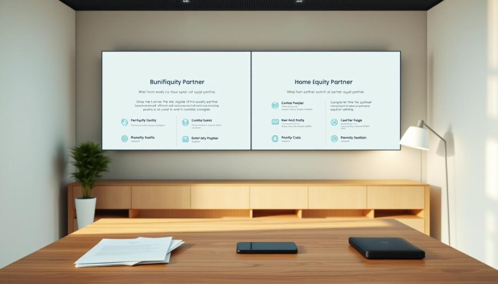 A modern, minimalist office setting showcasing a side-by-side comparison of two home equity partner options. In the foreground, a clean wooden desk with a laptop, smartphone, and neatly organized documents. Soft, diffused lighting illuminates the scene, creating a professional, inviting atmosphere. In the middle ground, two virtual screens display detailed information on the key features and benefits of each equity sharing partner, presented in a clear, infographic-style layout. The background features a neutral, geometric wall texture, subtly complementing the sleek, contemporary design aesthetic. The overall composition conveys a sense of informed decision-making, with the equity partner options presented in a clear, accessible manner. A modern, minimalist office setting showcasing a side-by-side comparison of two home equity partner options. In the foreground, a clean wooden desk with a laptop, smartphone, and neatly organized documents. Soft, diffused lighting illuminates the scene, creating a professional, inviting atmosphere. In the middle ground, two virtual screens display detailed information on the key features and benefits of each equity sharing partner, presented in a clear, infographic-style layout. The background features a neutral, geometric wall texture, subtly complementing the sleek, contemporary design aesthetic. The overall composition conveys a sense of informed decision-making, with the equity partner options presented in a clear, accessible manner.
