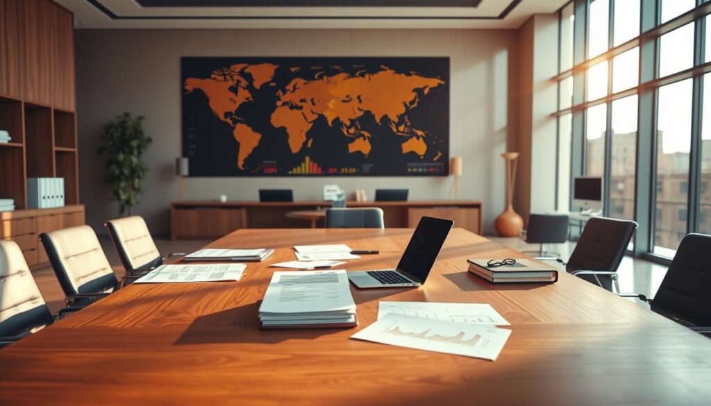 A modern office interior with a large, sleek wooden desk and comfortable chairs. On the desk, papers, a laptop, and financial documents are neatly arranged, conveying a sense of organization and thoughtful analysis. The room is bathed in warm, diffused natural light from large windows, creating a calming and productive atmosphere. In the background, a world map or stock tickers on a digital display board hint at the global financial implications of the equity sharing model being considered. The overall scene reflects a professional, analytical, and forward-thinking approach to real estate investing.