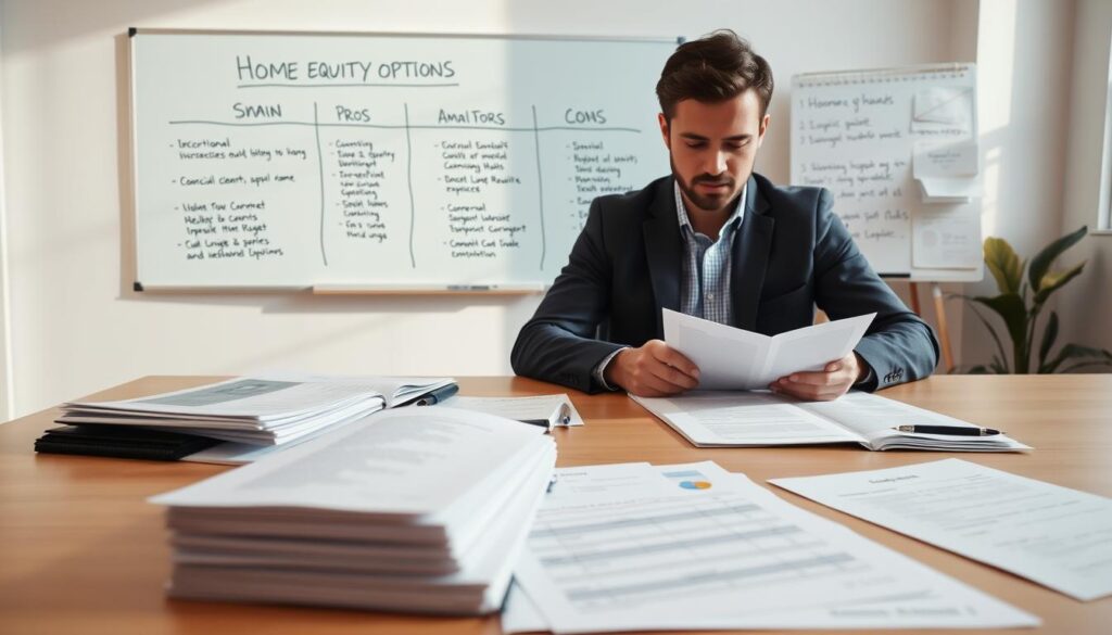 A modern office setting with a large desk, on which various home equity options are displayed and compared. In the foreground, a person sits at the desk, intently studying financial documents. Behind them, a whiteboard illustrates the pros and cons of different equity sharing models through simple diagrams and key points. The lighting is bright and natural, creating a sense of clarity and focus. The camera angle is slightly elevated, providing an overview of the scene and the decision-making process. The overall atmosphere conveys a thoughtful, analytical approach to understanding the complexities of home equity options. A modern office setting with a large desk, on which various home equity options are displayed and compared. In the foreground, a person sits at the desk, intently studying financial documents. Behind them, a whiteboard illustrates the pros and cons of different equity sharing models through simple diagrams and key points. The lighting is bright and natural, creating a sense of clarity and focus. The camera angle is slightly elevated, providing an overview of the scene and the decision-making process. The overall atmosphere conveys a thoughtful, analytical approach to understanding the complexities of home equity options.