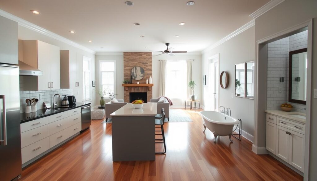 A modern, well-lit interior showcasing a variety of home improvement projects. In the foreground, a newly renovated kitchen with sleek, minimalist cabinets, a large central island, and stainless steel appliances. In the middle ground, a cozy living room with plush seating, a fireplace, and newly installed hardwood floors. The background features a partially renovated bathroom with a clawfoot tub, subway tile, and a large vanity mirror. The overall atmosphere conveys a sense of comfort, sophistication, and increased property value through strategic home investments. A modern, well-lit interior showcasing a variety of home improvement projects. In the foreground, a newly renovated kitchen with sleek, minimalist cabinets, a large central island, and stainless steel appliances. In the middle ground, a cozy living room with plush seating, a fireplace, and newly installed hardwood floors. The background features a partially renovated bathroom with a clawfoot tub, subway tile, and a large vanity mirror. The overall atmosphere conveys a sense of comfort, sophistication, and increased property value through strategic home investments.