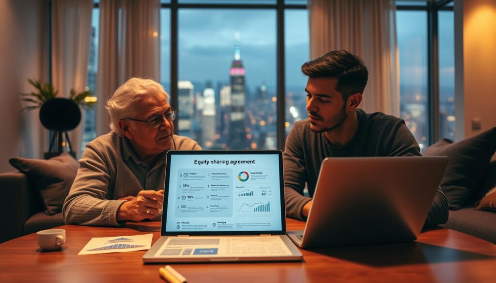A modern, well-lit living room with two people seated at a table, reviewing financial documents. In the foreground, an older adult and a younger adult are engaged in a discussion, their body language suggesting a collaborative and understanding exchange. The middle ground features an open laptop displaying a visual representation of an equity sharing agreement, with clear infographics and charts. The background showcases a large window overlooking a vibrant city skyline, bathed in warm, golden light, conveying a sense of progress and opportunity. The overall atmosphere is one of trust, innovation, and a shared vision for the future of home financing. A modern, well-lit living room with two people seated at a table, reviewing financial documents. In the foreground, an older adult and a younger adult are engaged in a discussion, their body language suggesting a collaborative and understanding exchange. The middle ground features an open laptop displaying a visual representation of an equity sharing agreement, with clear infographics and charts. The background showcases a large window overlooking a vibrant city skyline, bathed in warm, golden light, conveying a sense of progress and opportunity. The overall atmosphere is one of trust, innovation, and a shared vision for the future of home financing.