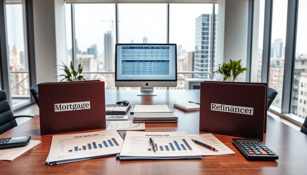 A modern, well-lit office setting with a large desk showcasing various financial documents, graphs, and calculators. In the foreground, three distinct folders labeled "Mortgage", "Home Equity Loan", and "Refinancing" stand prominently. The middle ground features a computer monitor displaying comparative data on home financing options, while the background depicts a cityscape visible through floor-to-ceiling windows, conveying a sense of urban sophistication. The scene exudes an atmosphere of professional deliberation, guiding the viewer through the nuanced world of home financing strategies. A modern, well-lit office setting with a large desk showcasing various financial documents, graphs, and calculators. In the foreground, three distinct folders labeled "Mortgage", "Home Equity Loan", and "Refinancing" stand prominently. The middle ground features a computer monitor displaying comparative data on home financing options, while the background depicts a cityscape visible through floor-to-ceiling windows, conveying a sense of urban sophistication. The scene exudes an atmosphere of professional deliberation, guiding the viewer through the nuanced world of home financing strategies.