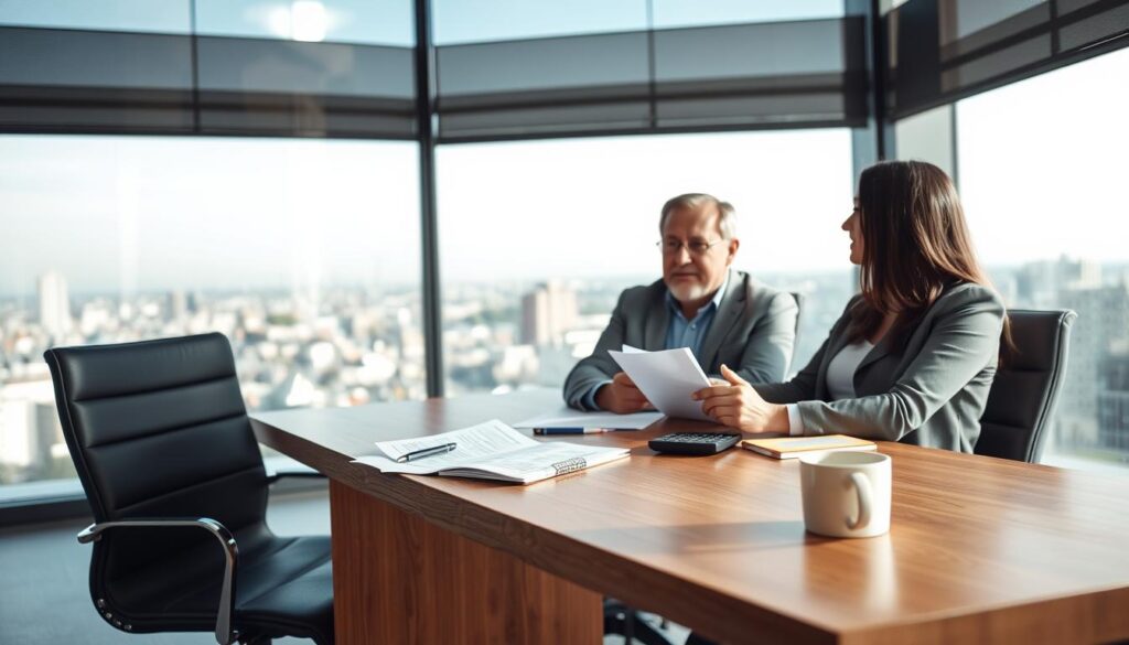 A modern, well-lit office setting with a wooden desk and two chairs. On the desk, an open laptop displaying financial documents, alongside a pen, calculator, and mug of coffee. In the foreground, two people, a loan officer and a prospective borrower, engaged in a discussion, their expressions conveying a sense of careful consideration and analysis. The background features a large window overlooking a cityscape, providing a sense of depth and context. The overall atmosphere is one of professionalism, thoughtfulness, and the importance of making an informed decision when selecting a lender for a property equity investment.