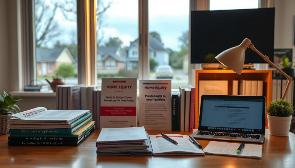 A neatly arranged desk with various educational resources on home equity, including textbooks, financial planning guides, and online tutorials. A warm, natural lighting illuminates the scene, creating a welcoming and informative atmosphere. In the background, a large window offers a view of a serene, suburban neighborhood, symbolizing the importance of understanding home equity for personal and community well-being. The overall composition conveys a sense of accessibility and clarity, guiding the viewer towards a deeper understanding of this crucial financial concept. A neatly arranged desk with various educational resources on home equity, including textbooks, financial planning guides, and online tutorials. A warm, natural lighting illuminates the scene, creating a welcoming and informative atmosphere. In the background, a large window offers a view of a serene, suburban neighborhood, symbolizing the importance of understanding home equity for personal and community well-being. The overall composition conveys a sense of accessibility and clarity, guiding the viewer towards a deeper understanding of this crucial financial concept.