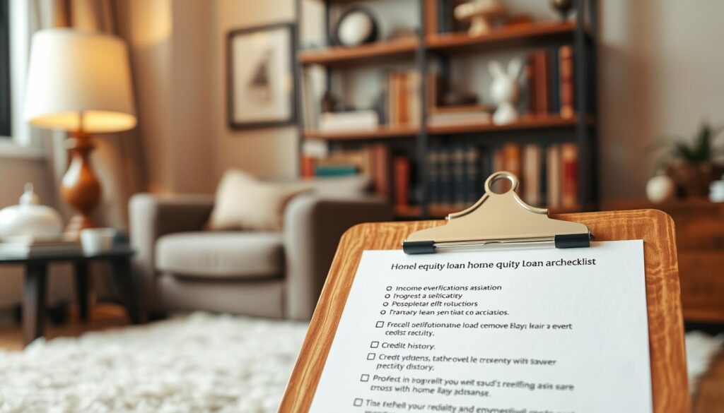 A neatly organized checklist against a warm, inviting background. The foreground features a wooden clipboard with crisp, legible text outlining the key requirements for a home equity loan application - including income verification, property details, and credit history. The middle ground showcases a cozy, domestic scene, with a gentle glow from a table lamp and the soft textures of a plush rug. In the background, a bookshelf filled with tomes and trinkets adds depth and a sense of authority to the composition. The overall mood is one of diligence, preparedness, and the comforts of home. A neatly organized checklist against a warm, inviting background. The foreground features a wooden clipboard with crisp, legible text outlining the key requirements for a home equity loan application - including income verification, property details, and credit history. The middle ground showcases a cozy, domestic scene, with a gentle glow from a table lamp and the soft textures of a plush rug. In the background, a bookshelf filled with tomes and trinkets adds depth and a sense of authority to the composition. The overall mood is one of diligence, preparedness, and the comforts of home.