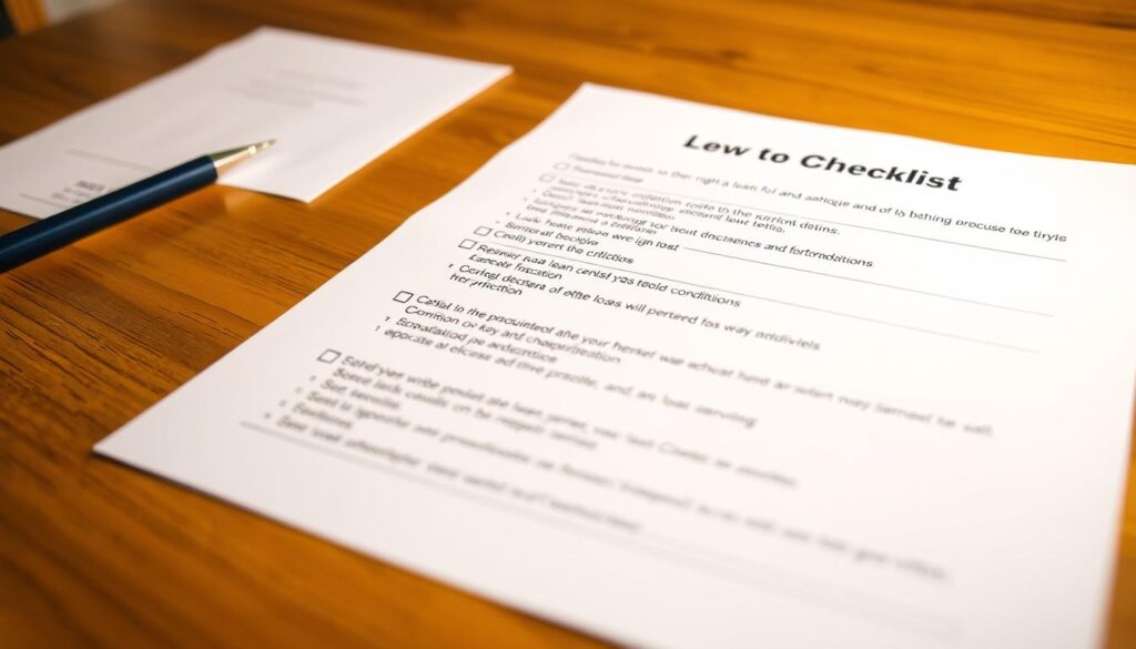 A neatly organized checklist of key loan terms and conditions, carefully laid out on a wooden table. The document has a clean, professional appearance, with clearly defined sections and bullet points. Soft, warm lighting illuminates the scene, creating a sense of clarity and focus. The background is blurred, keeping the viewer's attention on the detailed checklist. The overall mood is one of thoughtful consideration, as if the viewer is carefully reviewing the important information before making a decision. The image should convey a sense of understanding and preparedness in the context of the article's subject. A neatly organized checklist of key loan terms and conditions, carefully laid out on a wooden table. The document has a clean, professional appearance, with clearly defined sections and bullet points. Soft, warm lighting illuminates the scene, creating a sense of clarity and focus. The background is blurred, keeping the viewer's attention on the detailed checklist. The overall mood is one of thoughtful consideration, as if the viewer is carefully reviewing the important information before making a decision. The image should convey a sense of understanding and preparedness in the context of the article's subject.