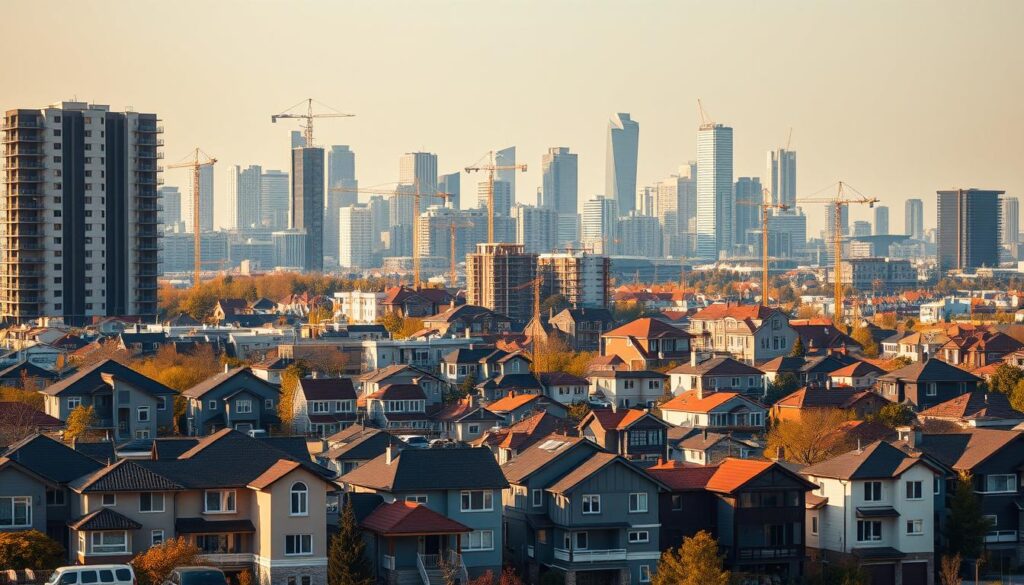 A panoramic scene depicting the evolving landscape of home ownership. In the foreground, a diverse array of modern residential dwellings - townhouses, condos, single-family homes - standing as symbols of the changing face of the housing market. The middle ground features a dynamic mix of construction sites and cranes, hinting at ongoing development and the emergence of new living options. The background is dominated by a skyline of gleaming skyscrapers, reflecting the urban densification and shifting preferences of homebuyers. The lighting is soft and warm, creating a sense of optimism and progress. The scene is captured with a wide-angle lens, conveying a comprehensive view of the evolving home ownership trends. A panoramic scene depicting the evolving landscape of home ownership. In the foreground, a diverse array of modern residential dwellings - townhouses, condos, single-family homes - standing as symbols of the changing face of the housing market. The middle ground features a dynamic mix of construction sites and cranes, hinting at ongoing development and the emergence of new living options. The background is dominated by a skyline of gleaming skyscrapers, reflecting the urban densification and shifting preferences of homebuyers. The lighting is soft and warm, creating a sense of optimism and progress. The scene is captured with a wide-angle lens, conveying a comprehensive view of the evolving home ownership trends.