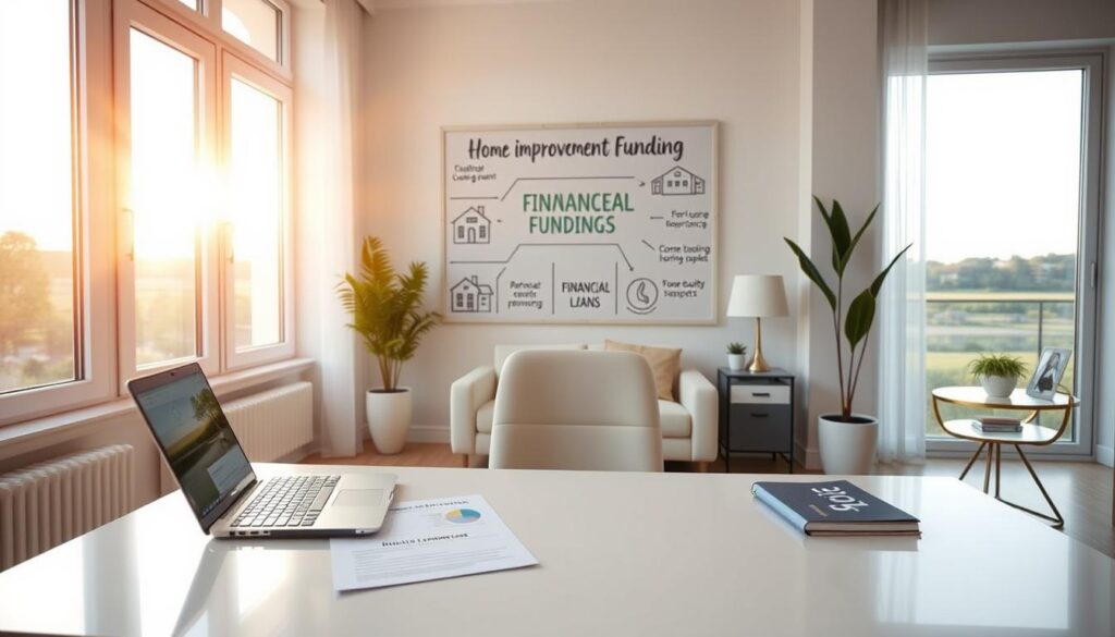 A pristine, modern home office with warm, natural lighting cascading through large windows. In the foreground, a sleek, minimalist desk adorned with a laptop, pen, and a financial report. On the wall behind, an inspirational artwork depicting various home improvement funding strategies, such as home equity loans, refinancing, and renovation loans. The middle ground features a comfortable armchair and a side table with financial planning materials. The background showcases a serene outdoor landscape, hinting at the peaceful, contemplative atmosphere. The overall mood is one of focused productivity and financial empowerment. A pristine, modern home office with warm, natural lighting cascading through large windows. In the foreground, a sleek, minimalist desk adorned with a laptop, pen, and a financial report. On the wall behind, an inspirational artwork depicting various home improvement funding strategies, such as home equity loans, refinancing, and renovation loans. The middle ground features a comfortable armchair and a side table with financial planning materials. The background showcases a serene outdoor landscape, hinting at the peaceful, contemplative atmosphere. The overall mood is one of focused productivity and financial empowerment.