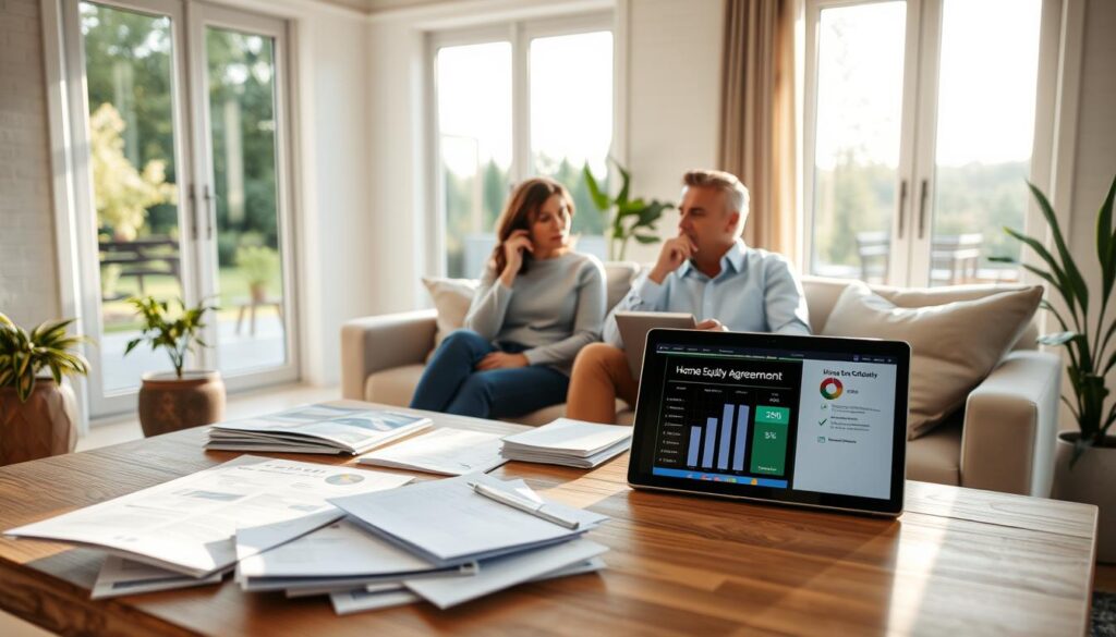 A pristine, modern living room with large windows overlooking a serene garden. In the foreground, a wooden table displays various financial documents, brochures, and a laptop open to a home equity calculator. In the middle ground, a thoughtful couple sits on a plush sofa, engaged in a serious discussion, expressions reflecting the weight of their decision. The lighting is soft and natural, casting a warm glow throughout the space. The overall atmosphere conveys a sense of contemplation and careful consideration as the couple navigates the complexities of choosing the right home equity agreement. A pristine, modern living room with large windows overlooking a serene garden. In the foreground, a wooden table displays various financial documents, brochures, and a laptop open to a home equity calculator. In the middle ground, a thoughtful couple sits on a plush sofa, engaged in a serious discussion, expressions reflecting the weight of their decision. The lighting is soft and natural, casting a warm glow throughout the space. The overall atmosphere conveys a sense of contemplation and careful consideration as the couple navigates the complexities of choosing the right home equity agreement.