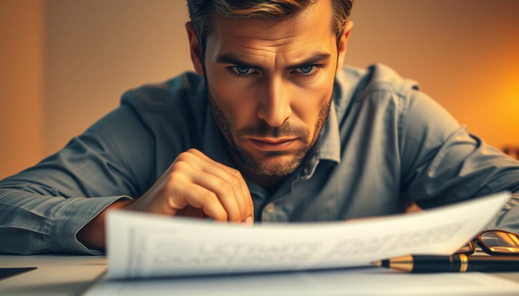 A serious-faced person intently examining a legal document, the text of which is blurred and obscured, conveying the sense of carefully scrutinizing fine print. Warm, soft lighting illuminates the scene, creating an atmosphere of thoughtful concentration. The document is positioned on a clean, minimalist desk, with a pen and reading glasses nearby, suggesting a careful, methodical review process. The background is slightly out of focus, placing the primary focus on the central figure's face and the document in front of them. A serious-faced person intently examining a legal document, the text of which is blurred and obscured, conveying the sense of carefully scrutinizing fine print. Warm, soft lighting illuminates the scene, creating an atmosphere of thoughtful concentration. The document is positioned on a clean, minimalist desk, with a pen and reading glasses nearby, suggesting a careful, methodical review process. The background is slightly out of focus, placing the primary focus on the central figure's face and the document in front of them.