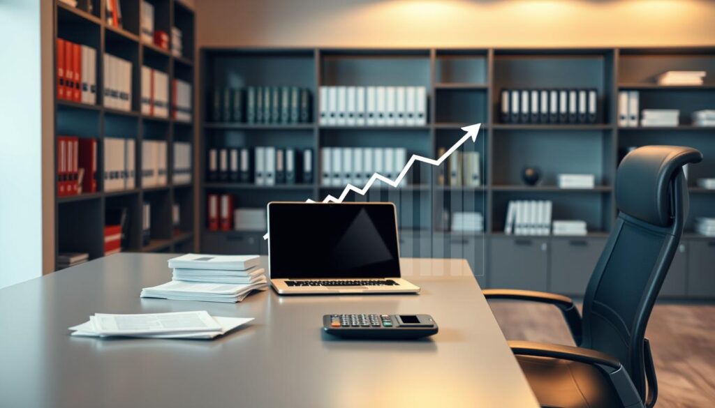 A sleek, modern office setting with a large desk and ergonomic chair in the foreground. On the desk, a laptop, a stack of financial documents, and a calculator, symbolizing the process of improving one's credit score. In the middle ground, a graph or chart displaying a rising credit score trend. The background features shelves filled with books and files, conveying a sense of professionalism and financial expertise. Soft, warm lighting illuminates the scene, creating a welcoming and productive atmosphere. The overall composition should suggest the steps and diligence required to enhance one's credit score for better home equity loan terms.