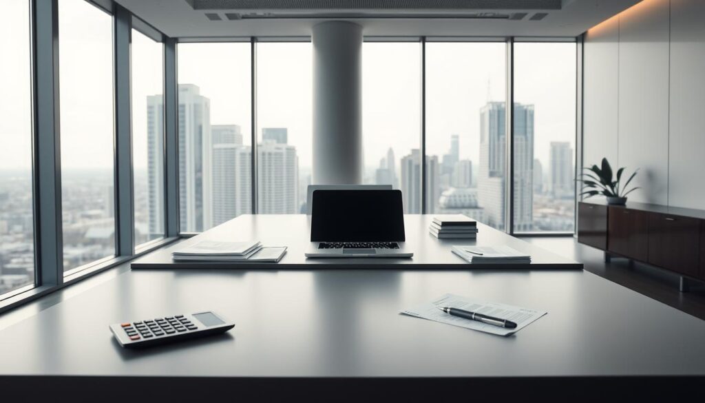 A sleek, modern office setting with a large, minimalist desk and an array of finance-related objects: a laptop, a stack of papers, a calculator, and a pen. The desk is set against a backdrop of large windows overlooking a cityscape, allowing natural light to flood the space. The overall atmosphere is one of professionalism and practicality, evoking the idea of exploring alternative financial solutions to traditional home equity sharing. The scene is captured from a slightly elevated perspective, giving a sense of authority and thoughtfulness to the image.