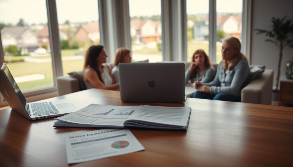 A spacious home interior, softly illuminated by natural light filtering through large windows. In the foreground, a laptop and financial documents lay open on a polished wooden table, representing the careful analysis and decision-making process. The middle ground features a family gathered around, engaged in a thoughtful discussion, capturing the impact a home equity agreement can have on their future plans and lifestyle. The background showcases a panoramic view of a suburban neighborhood, hinting at the broader considerations of property values and market conditions. The overall scene conveys a sense of contemplation and the need to weigh multiple factors before embarking on a home equity arrangement. A spacious home interior, softly illuminated by natural light filtering through large windows. In the foreground, a laptop and financial documents lay open on a polished wooden table, representing the careful analysis and decision-making process. The middle ground features a family gathered around, engaged in a thoughtful discussion, capturing the impact a home equity agreement can have on their future plans and lifestyle. The background showcases a panoramic view of a suburban neighborhood, hinting at the broader considerations of property values and market conditions. The overall scene conveys a sense of contemplation and the need to weigh multiple factors before embarking on a home equity arrangement.