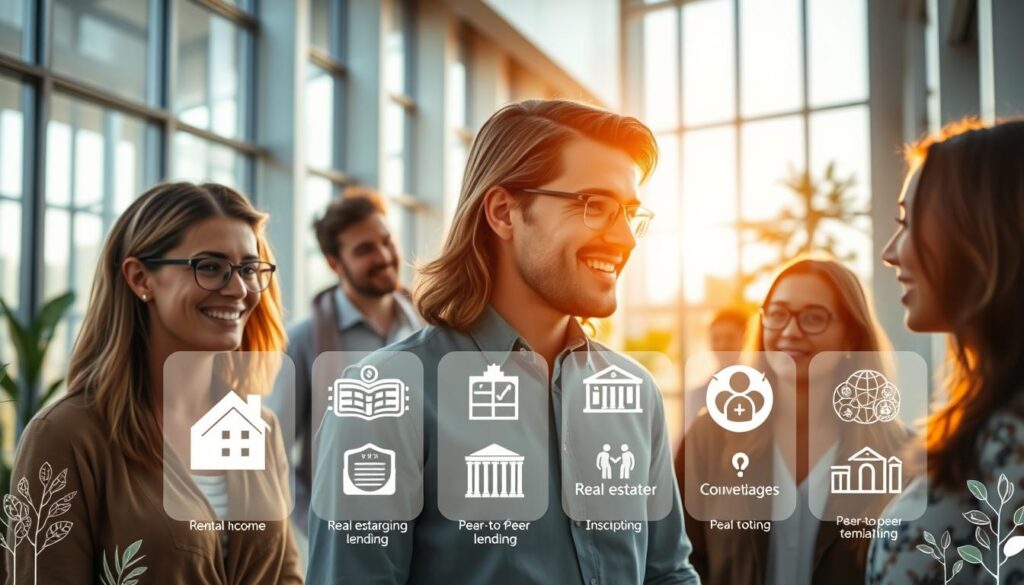 A vibrant landscape showcasing a diverse array of alternative financial strategies to home equity sharing. In the foreground, a group of people discussing investment options, their expressions thoughtful and engaged. In the middle ground, a series of icons and infographics illustrating different models such as rental income, real estate crowdfunding, and peer-to-peer lending. The background is a modern, architectural setting with clean lines and natural light filtering through large windows, creating a sense of openness and possibility. The overall mood is one of exploration, innovation, and a commitment to finding tailored solutions that align with individual financial goals.