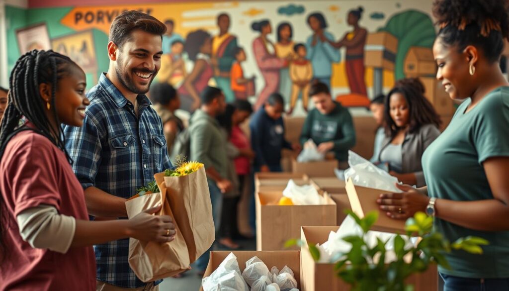 A warm, inviting scene of a diverse group of individuals engaged in acts of philanthropic giving and community service. In the foreground, a father and child hand a bag of groceries to a grateful recipient. In the middle ground, a group of volunteers sort and pack supplies for a local shelter. The background features a vibrant mural depicting scenes of unity, empowerment, and hope. Soft, natural lighting casts a gentle glow, conveying a sense of connection, compassion, and the authentic triumph of the human spirit. A warm, inviting scene of a diverse group of individuals engaged in acts of philanthropic giving and community service. In the foreground, a father and child hand a bag of groceries to a grateful recipient. In the middle ground, a group of volunteers sort and pack supplies for a local shelter. The background features a vibrant mural depicting scenes of unity, empowerment, and hope. Soft, natural lighting casts a gentle glow, conveying a sense of connection, compassion, and the authentic triumph of the human spirit.