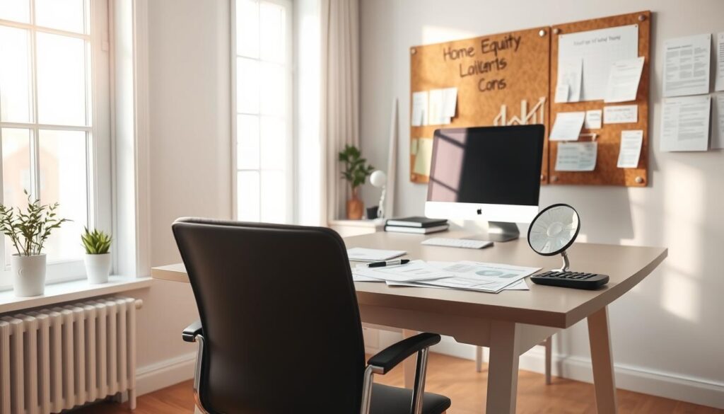 A well-lit, airy home office with a desk, chair, and computer setup. On the desk, financial documents, a calculator, and a magnifying glass are neatly arranged, hinting at the careful analysis required for a home equity loan decision. The walls feature a corkboard with notes and graphs, conveying the thoughtful evaluation of pros and cons. Soft, natural lighting from a large window illuminates the scene, creating a contemplative atmosphere. The overall composition suggests a space dedicated to meticulous financial planning and decision-making. A well-lit, airy home office with a desk, chair, and computer setup. On the desk, financial documents, a calculator, and a magnifying glass are neatly arranged, hinting at the careful analysis required for a home equity loan decision. The walls feature a corkboard with notes and graphs, conveying the thoughtful evaluation of pros and cons. Soft, natural lighting from a large window illuminates the scene, creating a contemplative atmosphere. The overall composition suggests a space dedicated to meticulous financial planning and decision-making.