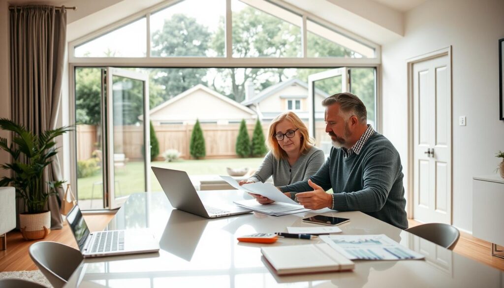 A well-lit, contemporary home interior with a focal point on a large, open window overlooking a lush, suburban backyard. In the foreground, a middle-aged couple sits at a sleek, modern table, discussing financial documents and reviewing their home's equity. Mid-ground features a laptop, calculator, and other financial tools, conveying the process of evaluating and securing a home equity agreement. The background depicts a warm, inviting atmosphere with soft lighting, neutral color palette, and minimalist decor, promoting a sense of comfort and security. The overall scene should evoke a balanced, thoughtful approach to leveraging home equity for personal financial goals. A well-lit, contemporary home interior with a focal point on a large, open window overlooking a lush, suburban backyard. In the foreground, a middle-aged couple sits at a sleek, modern table, discussing financial documents and reviewing their home's equity. Mid-ground features a laptop, calculator, and other financial tools, conveying the process of evaluating and securing a home equity agreement. The background depicts a warm, inviting atmosphere with soft lighting, neutral color palette, and minimalist decor, promoting a sense of comfort and security. The overall scene should evoke a balanced, thoughtful approach to leveraging home equity for personal financial goals.