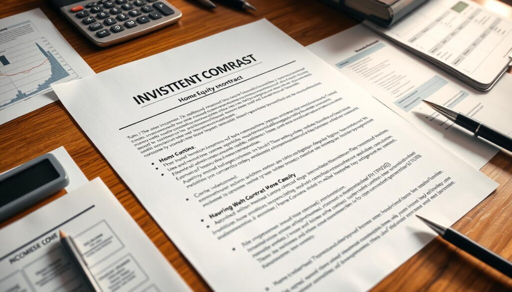 A well-lit, high-resolution image of a home equity investment contract with important terms and options clearly visible. The document is placed on a wooden desk, surrounded by financial documents, a calculator, and a pen. The lighting is warm and natural, creating a professional and authoritative atmosphere. The camera angle is slightly elevated, giving a comprehensive view of the materials. The focus is sharp, allowing for clear legibility of the contract details. A well-lit, high-resolution image of a home equity investment contract with important terms and options clearly visible. The document is placed on a wooden desk, surrounded by financial documents, a calculator, and a pen. The lighting is warm and natural, creating a professional and authoritative atmosphere. The camera angle is slightly elevated, giving a comprehensive view of the materials. The focus is sharp, allowing for clear legibility of the contract details.