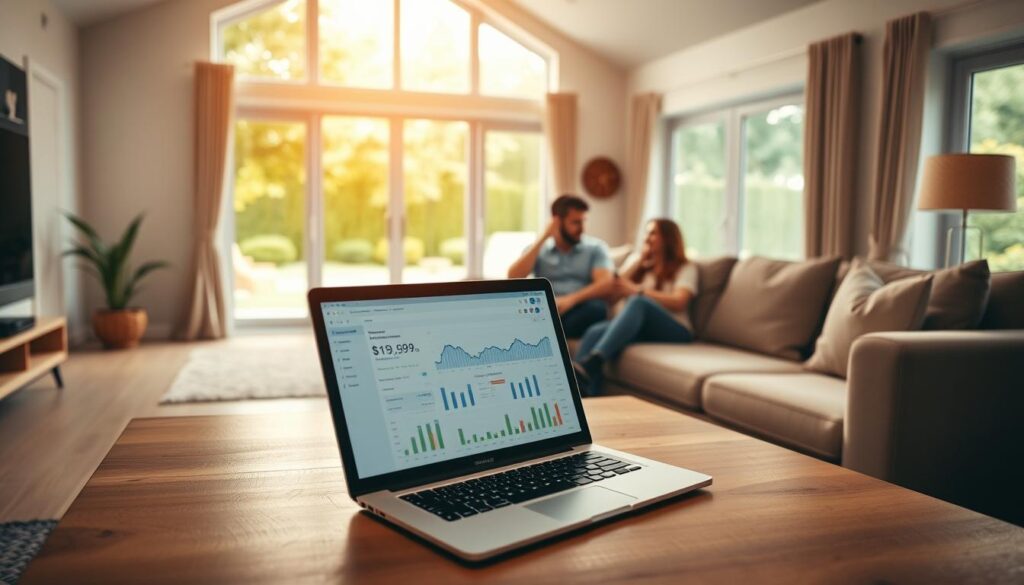 A well-lit home interior with an expansive living room. In the foreground, a laptop open on a wooden coffee table, displaying a financial dashboard. In the middle ground, a couple seated on a plush sofa, engaged in an animated discussion. Behind them, a large window floods the room with warm, natural light, revealing a lush, manicured backyard. Illuminated by soft, directional lighting, the scene conveys a sense of financial planning, domestic tranquility, and the potential for home equity investment opportunities. A well-lit home interior with an expansive living room. In the foreground, a laptop open on a wooden coffee table, displaying a financial dashboard. In the middle ground, a couple seated on a plush sofa, engaged in an animated discussion. Behind them, a large window floods the room with warm, natural light, revealing a lush, manicured backyard. Illuminated by soft, directional lighting, the scene conveys a sense of financial planning, domestic tranquility, and the potential for home equity investment opportunities.