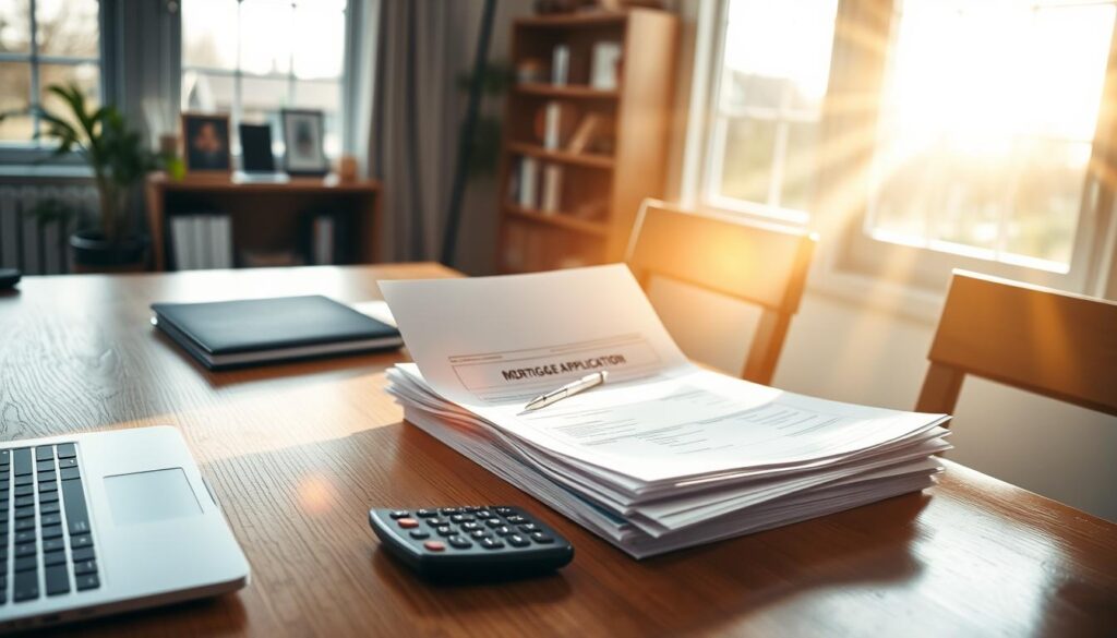 A well-lit home office with a stack of mortgage application documents on a wooden desk. A laptop, pen, and calculator sit nearby, creating a sense of organization and financial preparedness. Sunlight streams in through large windows, casting a warm glow on the scene. The mood is one of focus and determination, as the applicant diligently reviews the loan paperwork. The camera angle is slightly elevated, capturing the scene from a perspective that suggests the viewer is an observer, rather than a participant, in this important financial process.