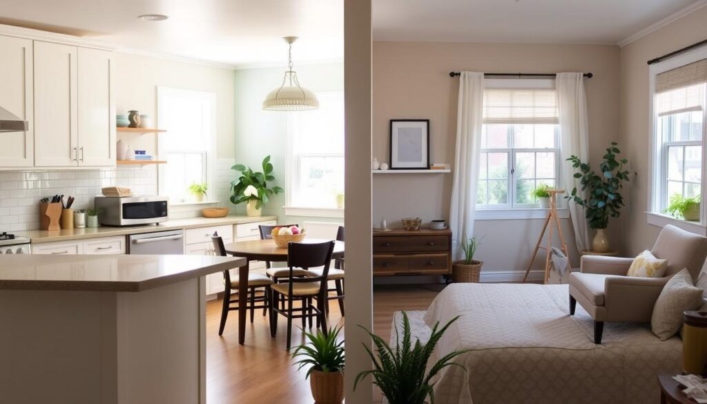 A well-lit, modern kitchen with a mix of budget-friendly upgrades - fresh paint, new cabinet hardware, and a sleek backsplash. An open, airy living room features a DIY accent wall and a tasteful mix of secondhand furniture. In the bedroom, a cozy reading nook with a refurbished vintage armchair and a simple, yet stylish window treatment. Natural light filters through the windows, creating a warm, inviting atmosphere throughout the home. A lush, low-maintenance garden outside adds curb appeal and a touch of greenery. The overall vibe is one of thoughtful, cost-effective home improvements that enhance both style and functionality. A well-lit, modern kitchen with a mix of budget-friendly upgrades - fresh paint, new cabinet hardware, and a sleek backsplash. An open, airy living room features a DIY accent wall and a tasteful mix of secondhand furniture. In the bedroom, a cozy reading nook with a refurbished vintage armchair and a simple, yet stylish window treatment. Natural light filters through the windows, creating a warm, inviting atmosphere throughout the home. A lush, low-maintenance garden outside adds curb appeal and a touch of greenery. The overall vibe is one of thoughtful, cost-effective home improvements that enhance both style and functionality.