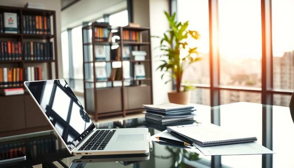 A well-lit office interior, with a glass-topped desk displaying neatly organized home equity loan documentation. The foreground features an open laptop, a pen, and a stack of paperwork. The middle ground showcases a bookshelf filled with relevant financial guides and a potted plant, creating a professional yet cozy atmosphere. The background reveals large windows overlooking a cityscape, bathing the scene in warm, natural light. The overall impression conveys the importance and innovation of modern home equity loan application processes. A well-lit office interior, with a glass-topped desk displaying neatly organized home equity loan documentation. The foreground features an open laptop, a pen, and a stack of paperwork. The middle ground showcases a bookshelf filled with relevant financial guides and a potted plant, creating a professional yet cozy atmosphere. The background reveals large windows overlooking a cityscape, bathing the scene in warm, natural light. The overall impression conveys the importance and innovation of modern home equity loan application processes.