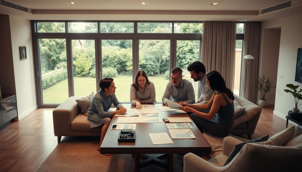 An elegant contemporary living room with an open floor plan, featuring a large window overlooking a lush garden. In the center, a family gathers around a wooden table, discussing financial documents and charts related to a home equity sharing process. The lighting is soft and diffused, creating a warm and inviting atmosphere. The room is tastefully decorated with modern furnishings, including a plush sofa and minimalist decor. The overall composition conveys a sense of thoughtful collaboration and financial planning, illustrating the key steps involved in the equity sharing model.