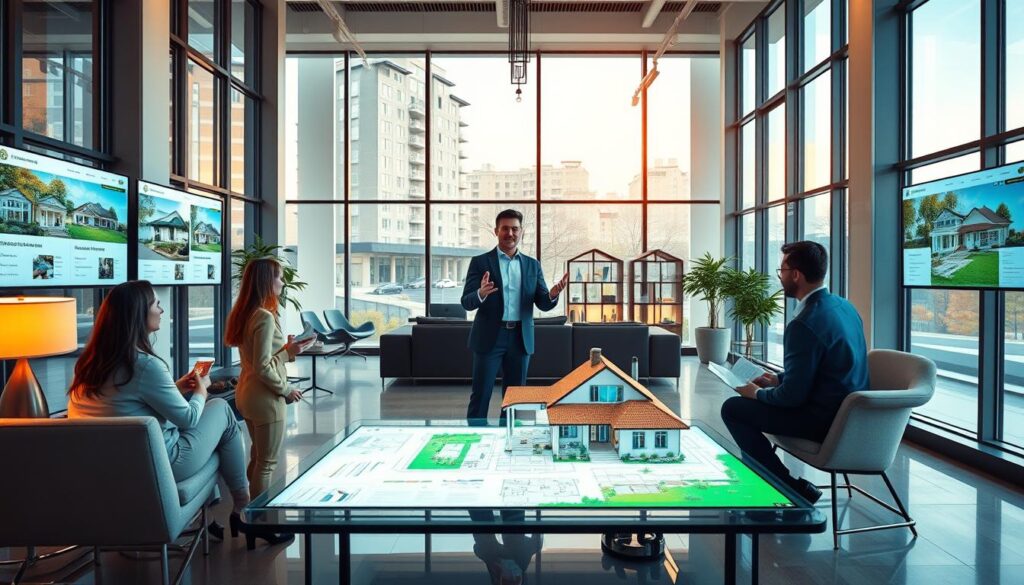 An expansive real estate office with large windows, modern furnishings, and digital screens displaying property listings. A professional realtor stands at the center, gesturing towards a vibrant 3D model of a luxury home, surrounded by prospective buyers examining detailed floor plans and market data. Warm lighting filters in, casting a soft glow over the scene. The atmosphere exudes a balance of sophistication and approachability, conveying strategies for effectively marketing and showcasing properties to maximize their perceived value.