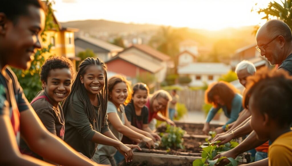 An inspirational scene of positive community impact, captured in a warm, cinematic style. In the foreground, a diverse group of people - young and old, smiling as they work together on a hands-on service project, perhaps building a playground or tending to a community garden. The middle ground reveals the wider neighborhood, with lush greenery and vibrant architecture, suggesting a thriving, tight-knit community. In the background, a golden-hour sky casts a soft, glowing light over the entire scene, evoking a sense of hope, togetherness, and the profound difference that collective action can make. Crisp, high-resolution details, with a shallow depth of field to draw the viewer's attention to the central human elements. An inspirational scene of positive community impact, captured in a warm, cinematic style. In the foreground, a diverse group of people - young and old, smiling as they work together on a hands-on service project, perhaps building a playground or tending to a community garden. The middle ground reveals the wider neighborhood, with lush greenery and vibrant architecture, suggesting a thriving, tight-knit community. In the background, a golden-hour sky casts a soft, glowing light over the entire scene, evoking a sense of hope, togetherness, and the profound difference that collective action can make. Crisp, high-resolution details, with a shallow depth of field to draw the viewer's attention to the central human elements.