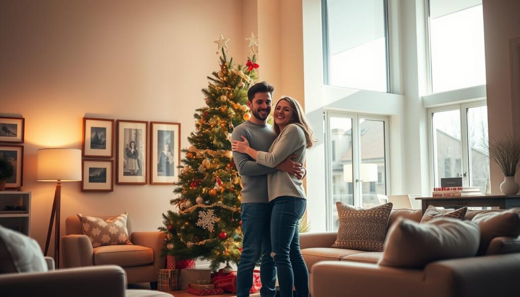 An interior scene of a cozy living room, bathed in warm, soft lighting from a floor lamp and sunlight streaming through large windows. In the center, a young couple, smiling and embracing, stand beside a beautifully decorated Christmas tree, representing their first home. Around them, framed artwork, plush furniture, and personal mementos create a sense of comfort and pride. The background reveals a modern, open-concept layout, suggesting the financial security and stability the home equity agreement has brought them, allowing them to invest in their future. An interior scene of a cozy living room, bathed in warm, soft lighting from a floor lamp and sunlight streaming through large windows. In the center, a young couple, smiling and embracing, stand beside a beautifully decorated Christmas tree, representing their first home. Around them, framed artwork, plush furniture, and personal mementos create a sense of comfort and pride. The background reveals a modern, open-concept layout, suggesting the financial security and stability the home equity agreement has brought them, allowing them to invest in their future.