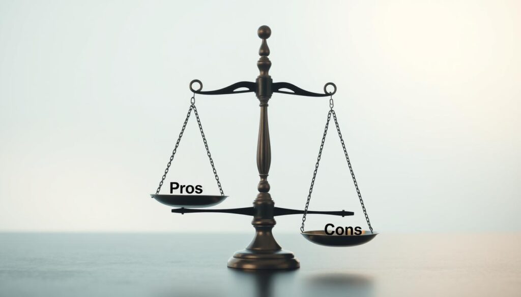 Prompt A balanced, symmetrical composition depicting the pros and cons of equity sharing. In the foreground, a scale-like structure with one side labeled "Pros" and the other "Cons", evenly balanced. The background is a tranquil, minimalist setting with gentle lighting, creating a sense of thoughtfulness and consideration. The scene has a clean, modern aesthetic with a touch of simplicity, guiding the viewer's focus to the central elements. The overall mood is one of careful evaluation, highlighting the need to weigh the benefits and drawbacks of this financial arrangement. Prompt A balanced, symmetrical composition depicting the pros and cons of equity sharing. In the foreground, a scale-like structure with one side labeled "Pros" and the other "Cons", evenly balanced. The background is a tranquil, minimalist setting with gentle lighting, creating a sense of thoughtfulness and consideration. The scene has a clean, modern aesthetic with a touch of simplicity, guiding the viewer's focus to the central elements. The overall mood is one of careful evaluation, highlighting the need to weigh the benefits and drawbacks of this financial arrangement.